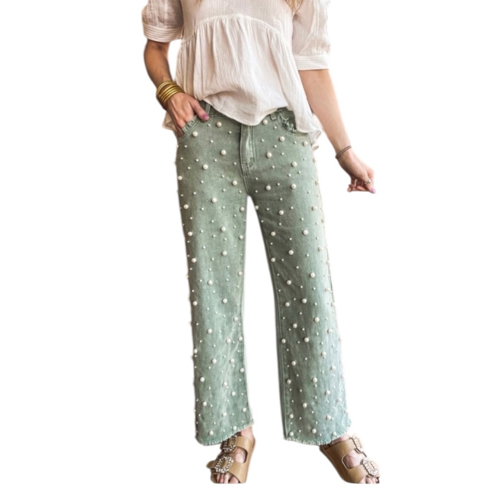 POL Sage Green Pearl Embellished Jeans Size Small
